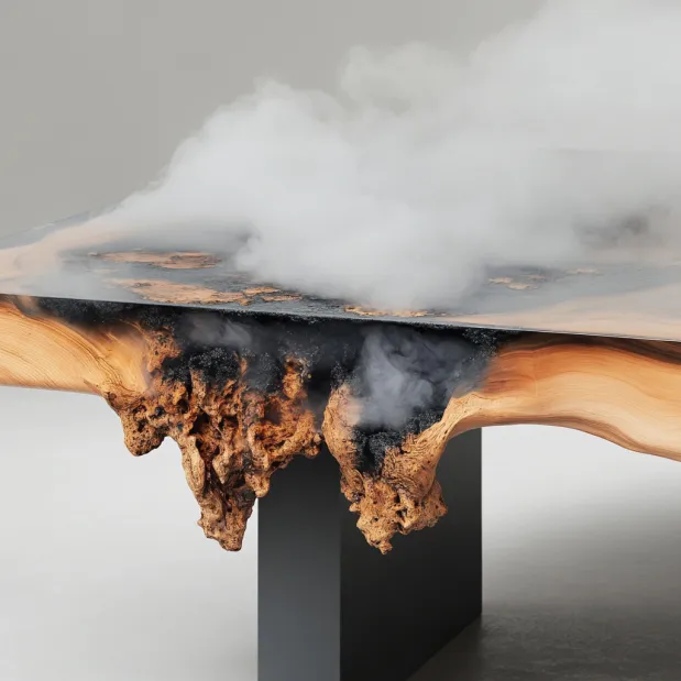 Una mesa de resina epoxi con incrustaciones de colores, el tipo de mobiliario decorativo que puede liberar compuestos nocivos