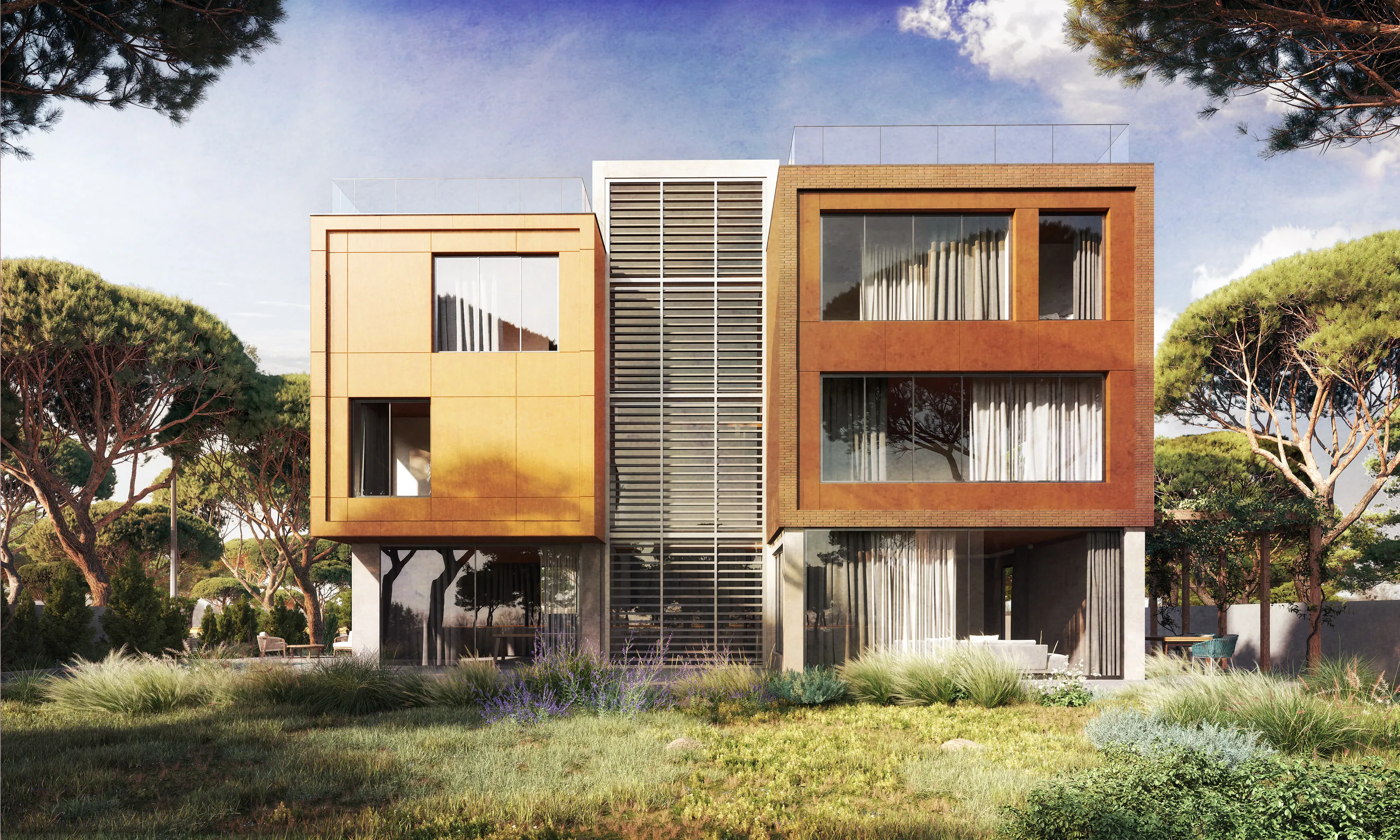 Villa contemporánea en Castelldefels mostrando la composición de volúmenes y los diferentes materiales en la fachada principal