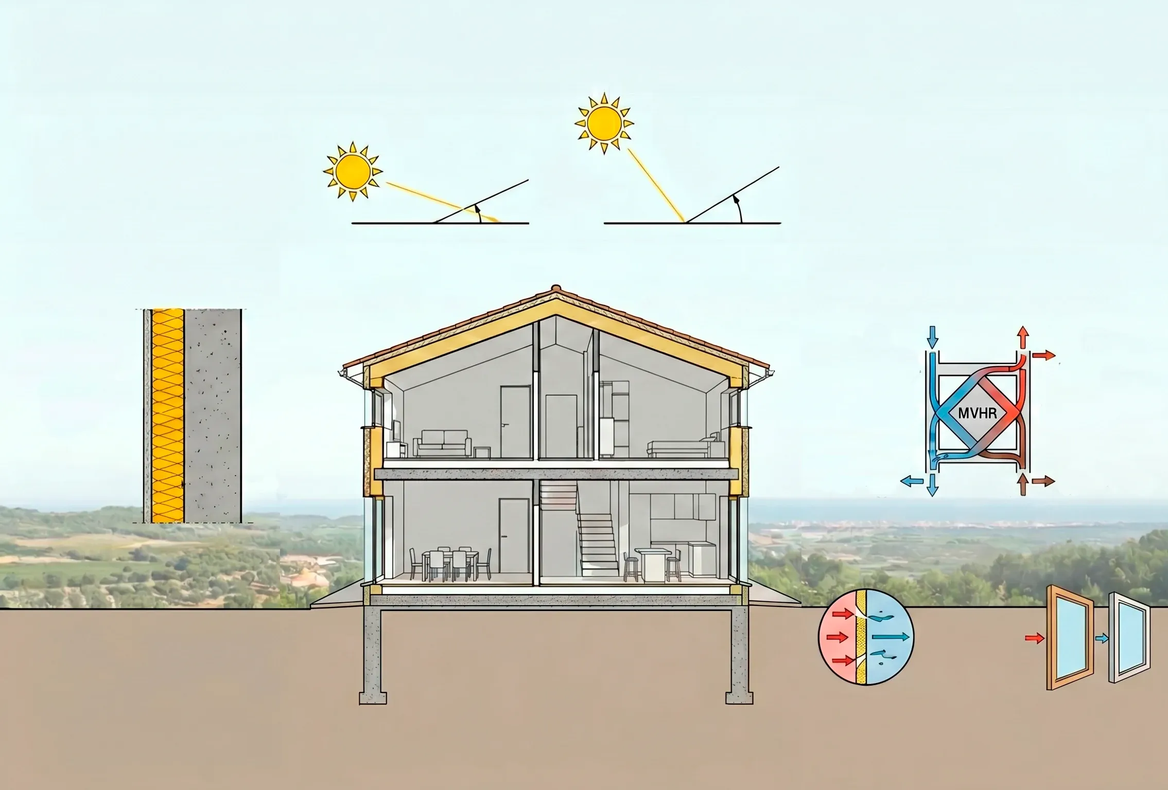 Vivienda mediterránea con grandes voladizos y persianas exteriores controlando el sol de verano, ilustrando la adaptación del estándar Passivhaus al clima cálido