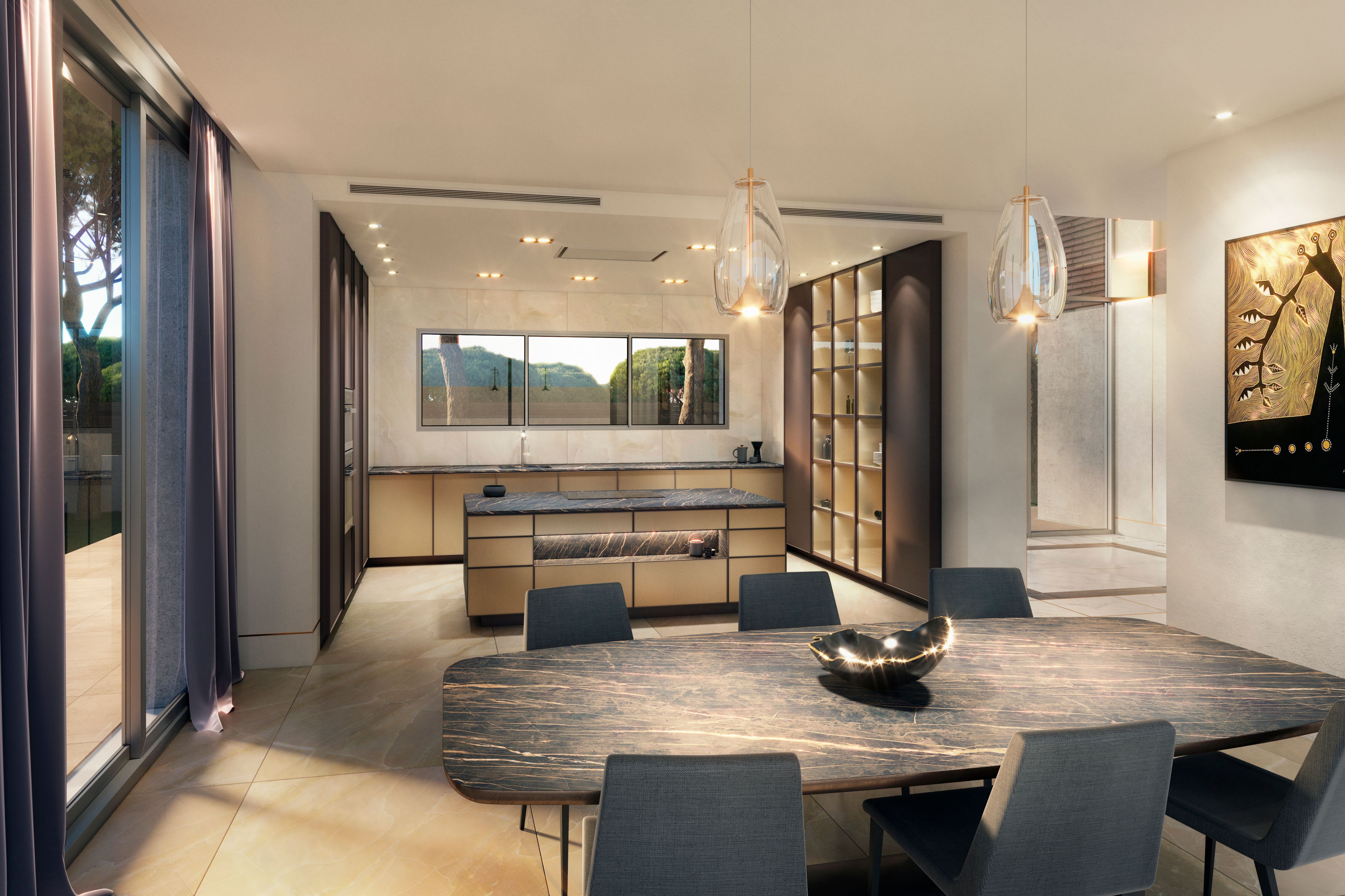 Kitchen and dining area in light tones with refined classical detailing reinterpreted in contemporary style