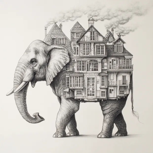 Un edificio surrealista con forma de animal, ilustrando el concepto de arquitectura parlante