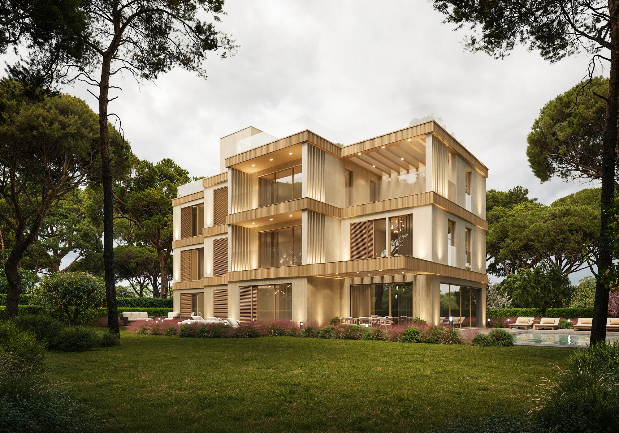 Villa contemporánea en Castelldefels con forjados de madera y fachada de piedra arenisca entre los pinos
