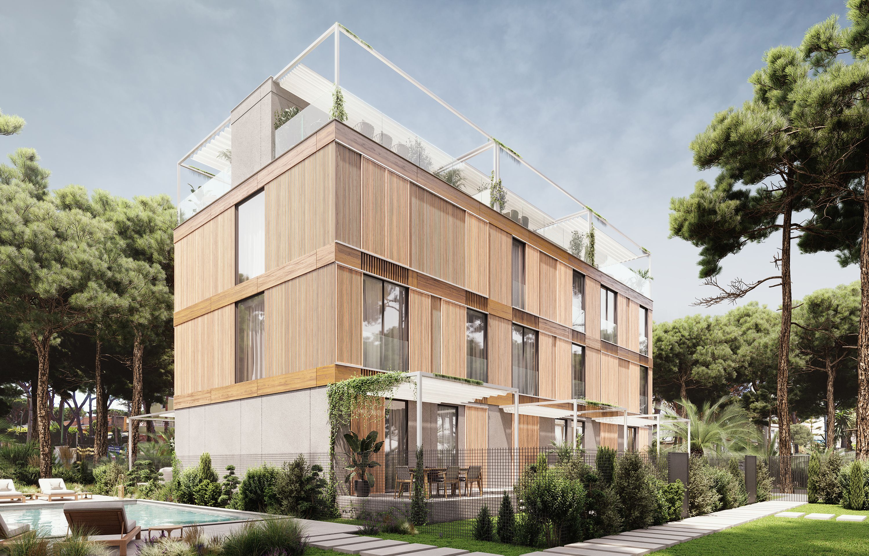 Diagonal view of the semi-detached houses in Castelldefels, with façades layered in slatted, smooth and louvered wood