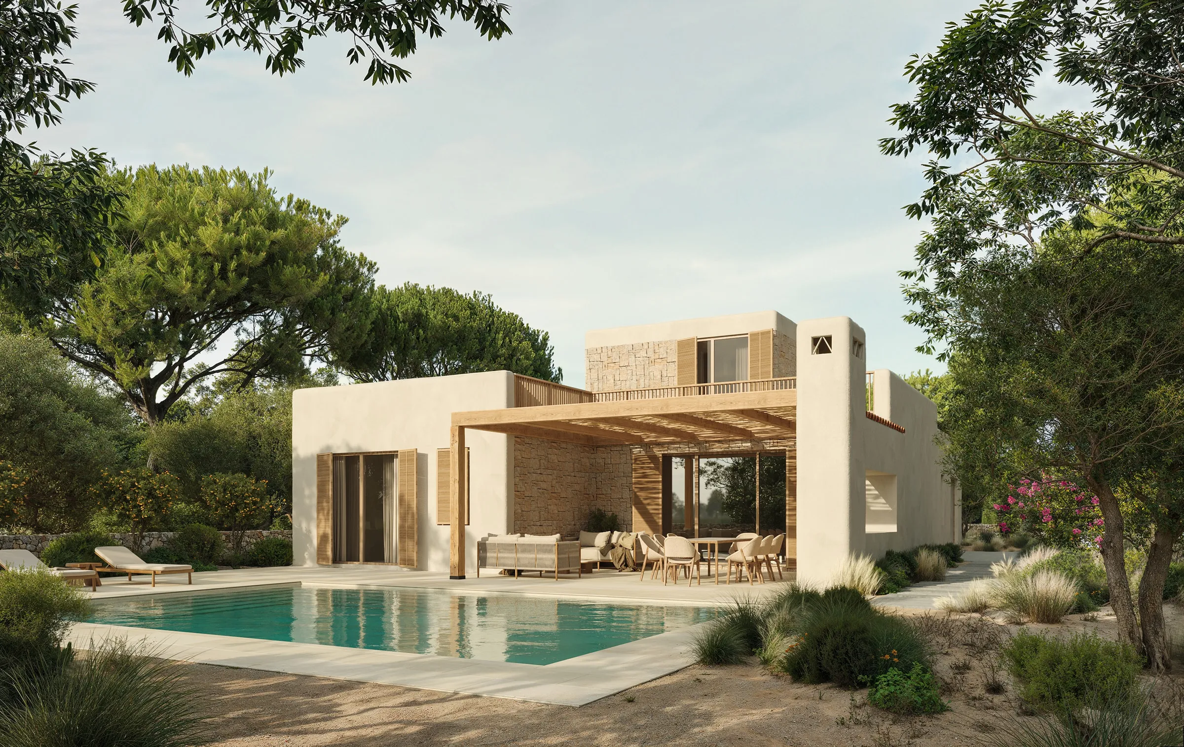 Vista axonométrica de la villa con la piscina en primer plano y el pinar al fondo