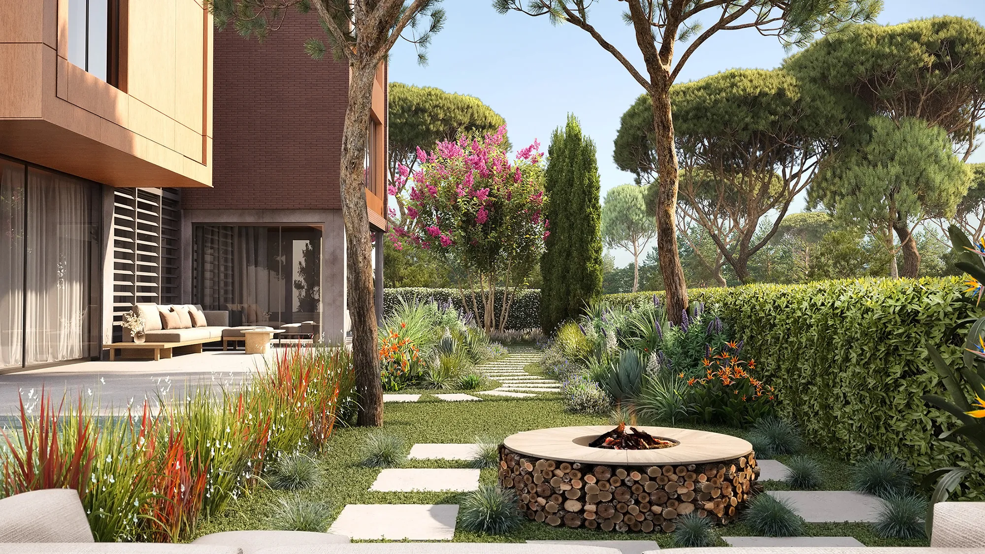 Vista desde el jardín mostrando un sector de la casa con chimenea exterior entre los pinos