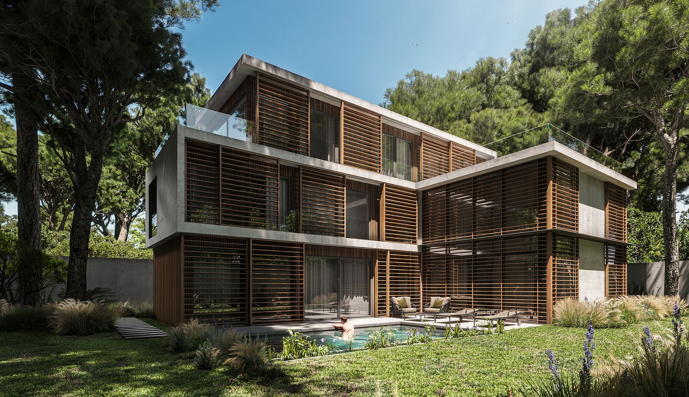 Diagonal view of the interior façade with the pool in the foreground and the wooden lattice shutters