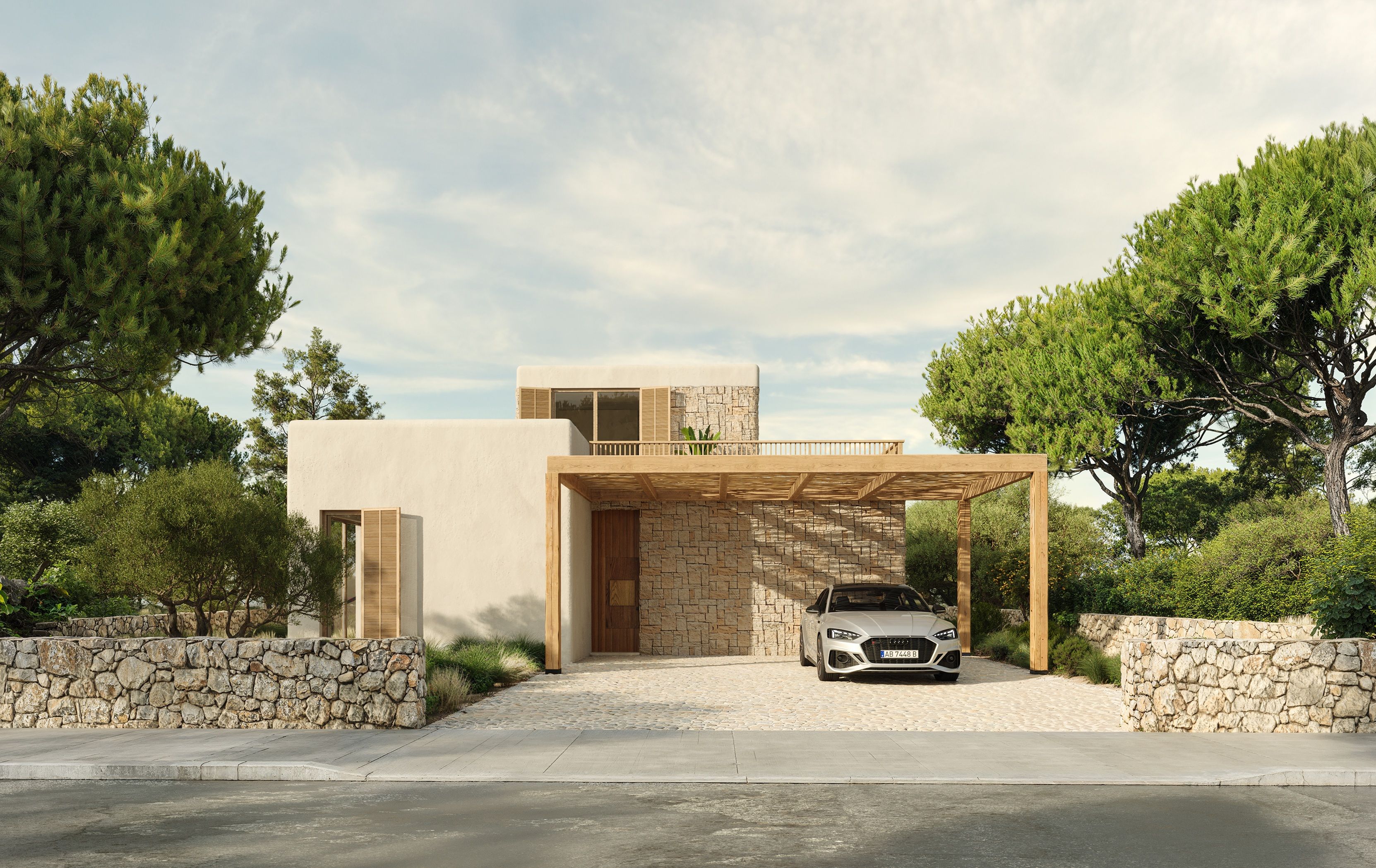The villa approached from the entrance, set among the centenary pines