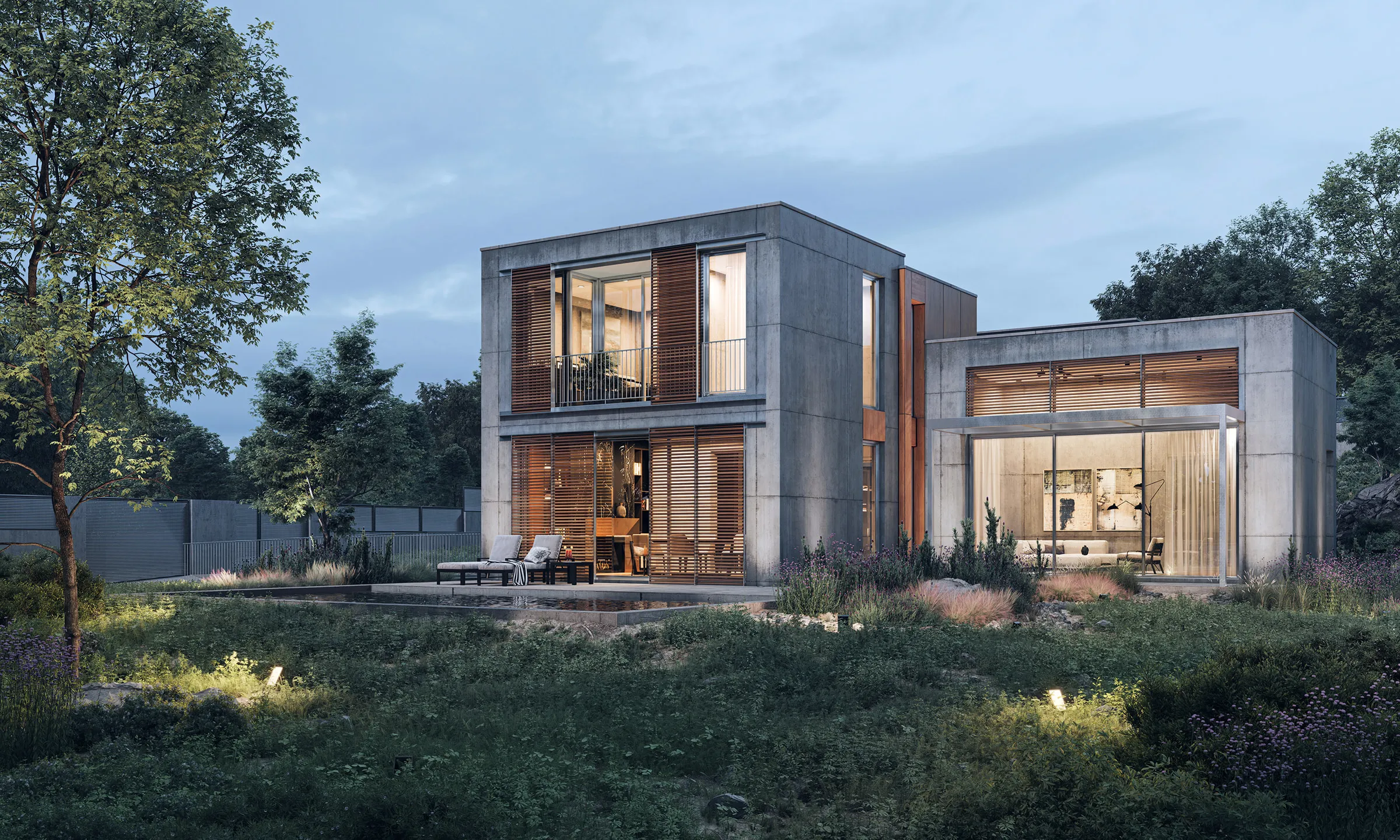 Espacio interior abierto con transparencia hacia el jardín