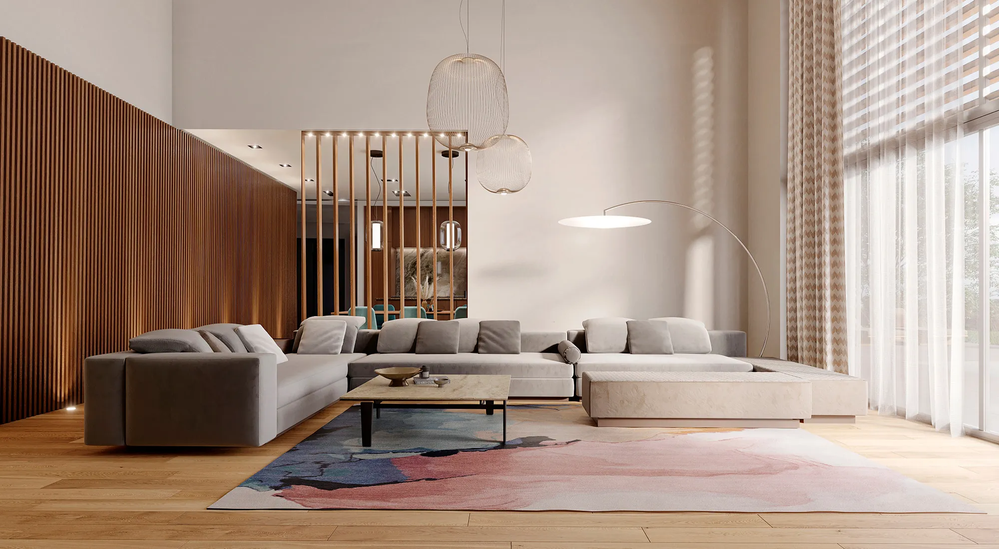 Salón principal en tonos suaves y claros con detalles de madera