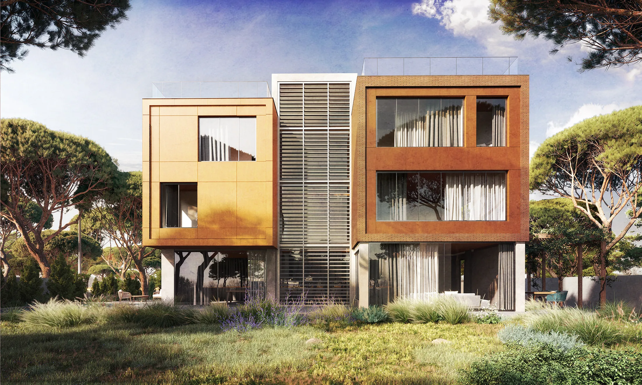 La villa vista desde el jardín de acceso, con la zona de entrada en transparencia
