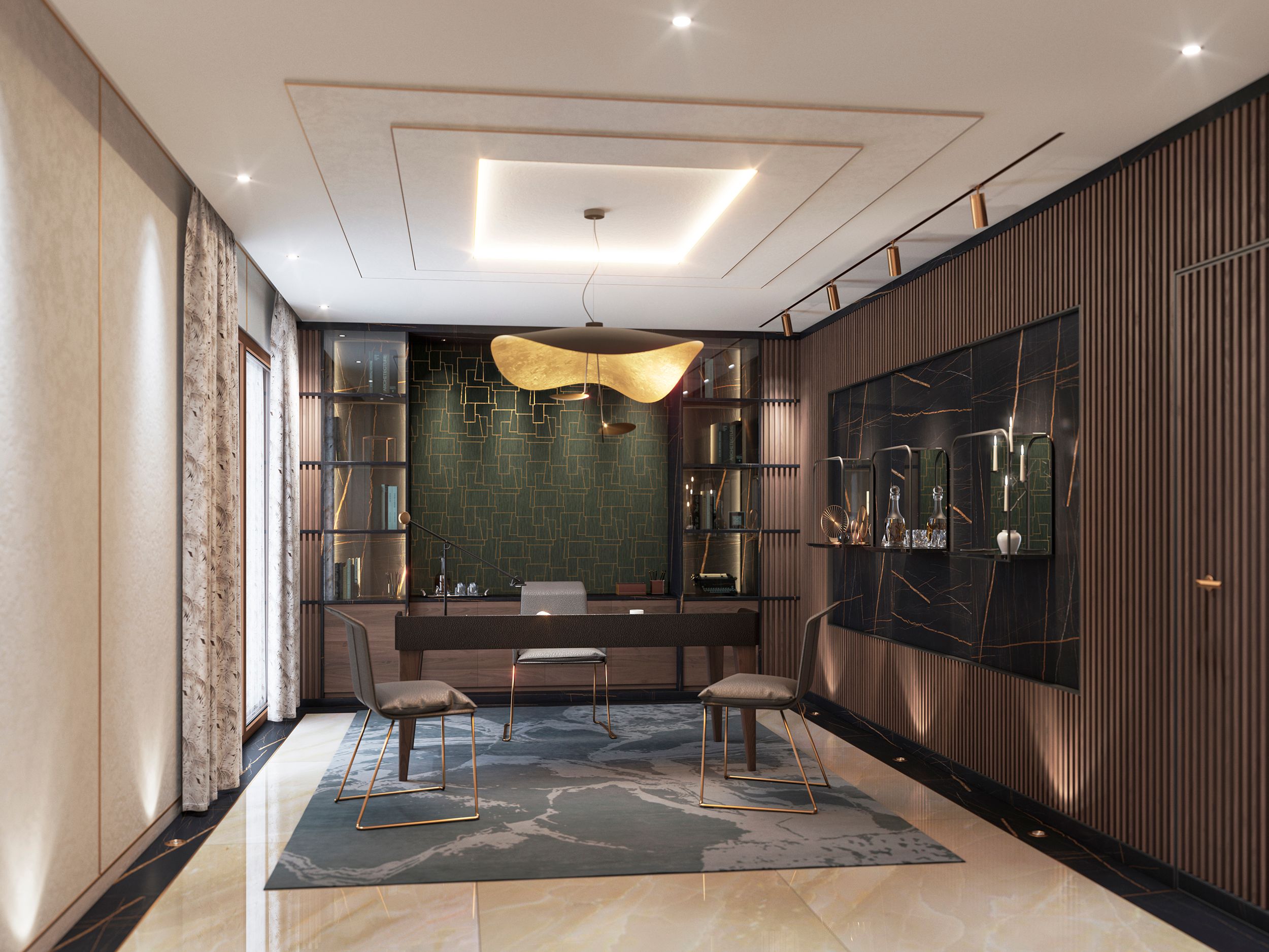 Office with stone, wood and bronze details, lit for focus and reflection