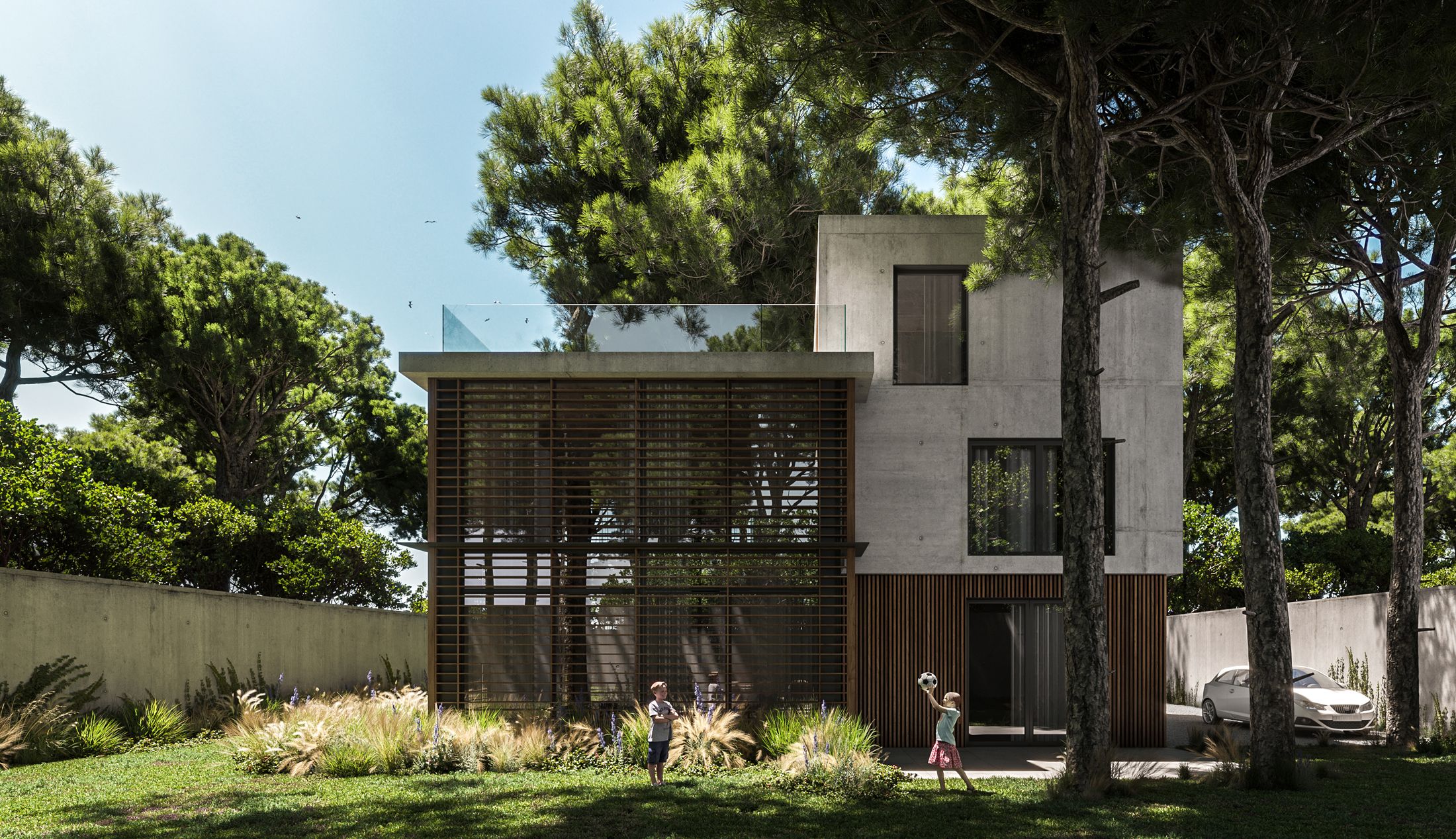 Back garden of the villa with the rear façade among the pines in the background