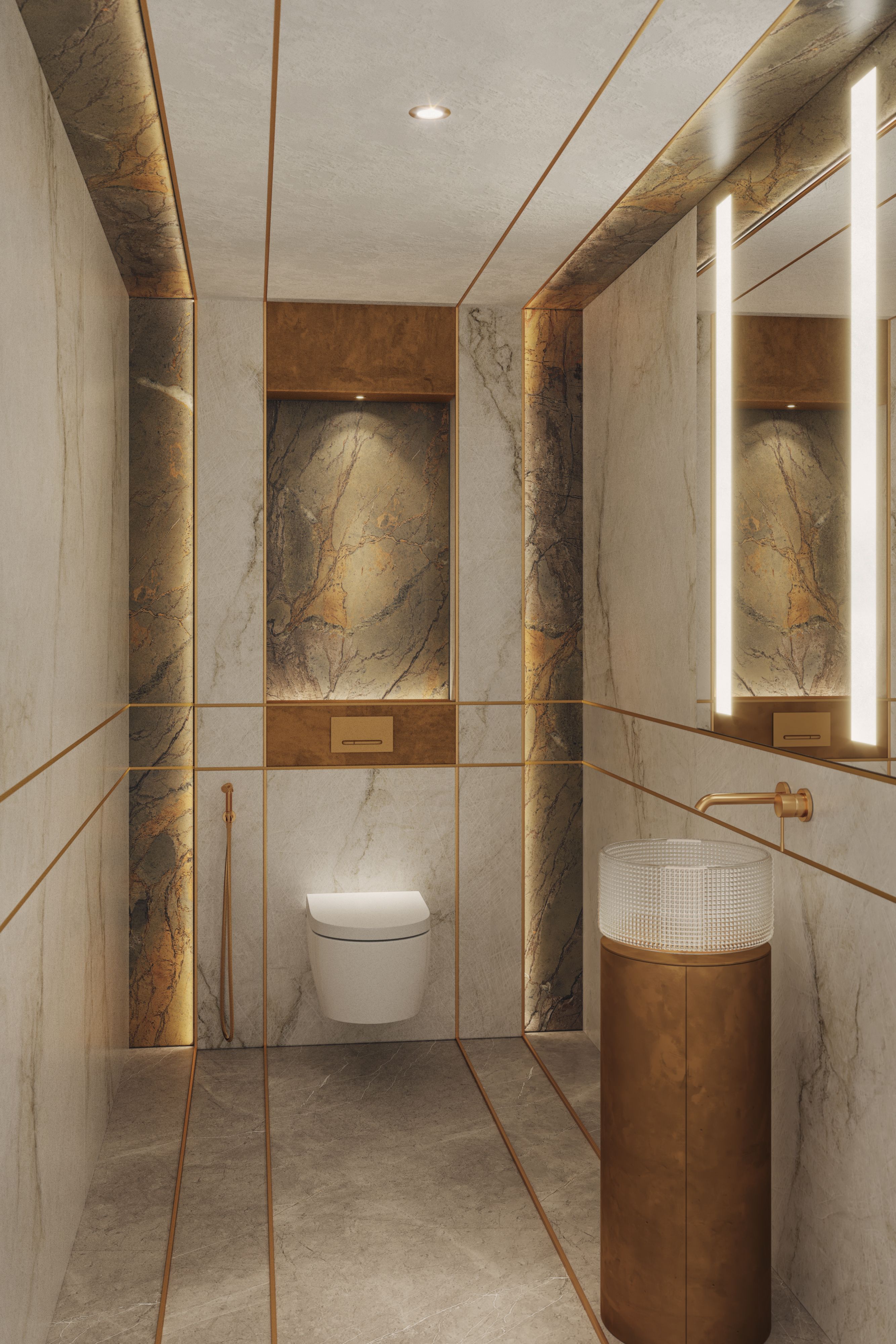 Guest bathroom with golden details and a play of reflections