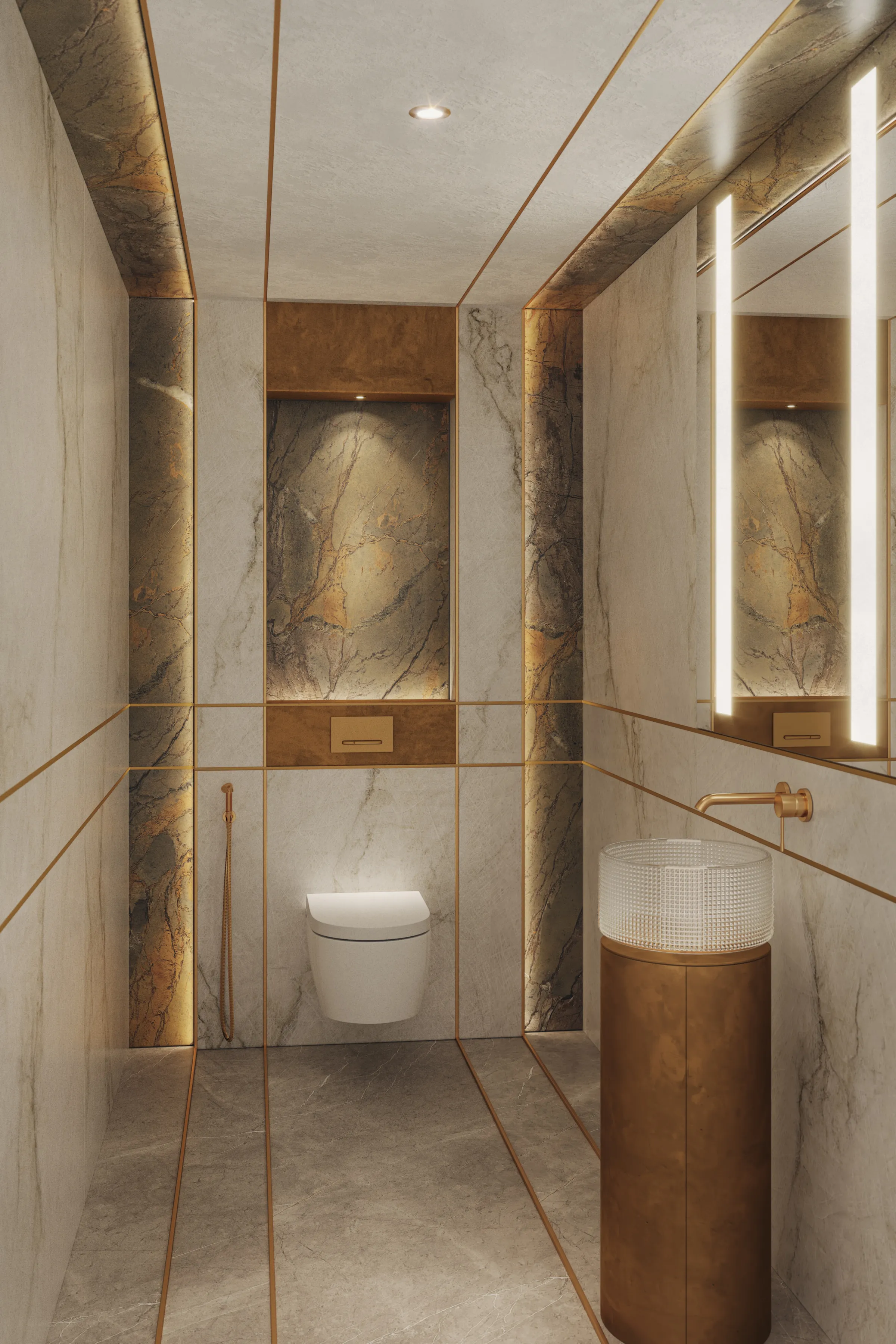 Baño de invitados con detalles dorados y juegos de reflejos