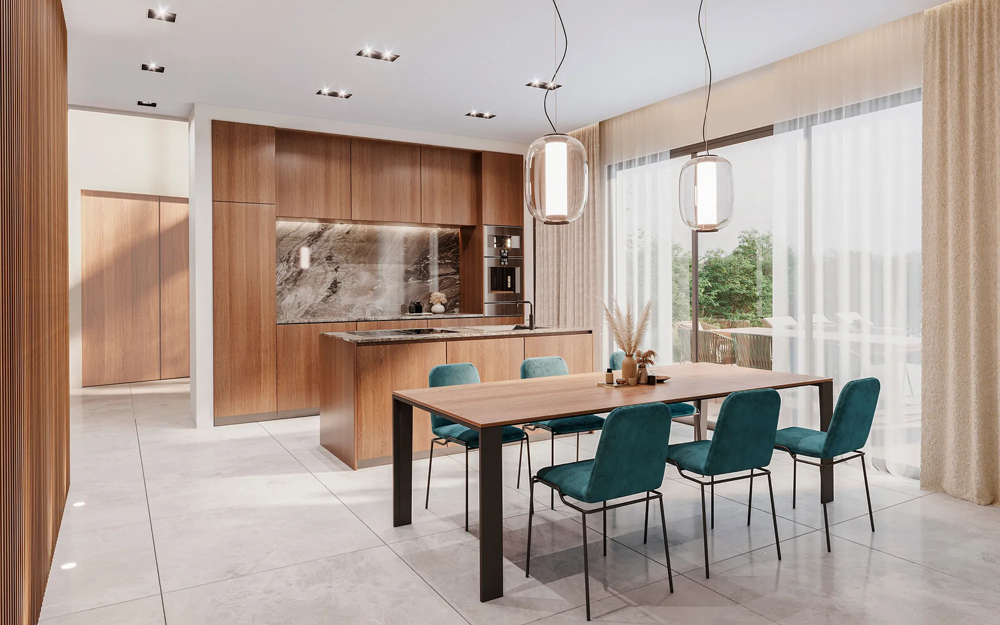 Cocina-comedor abierta con carpintería de madera en tonos claros y cálidos