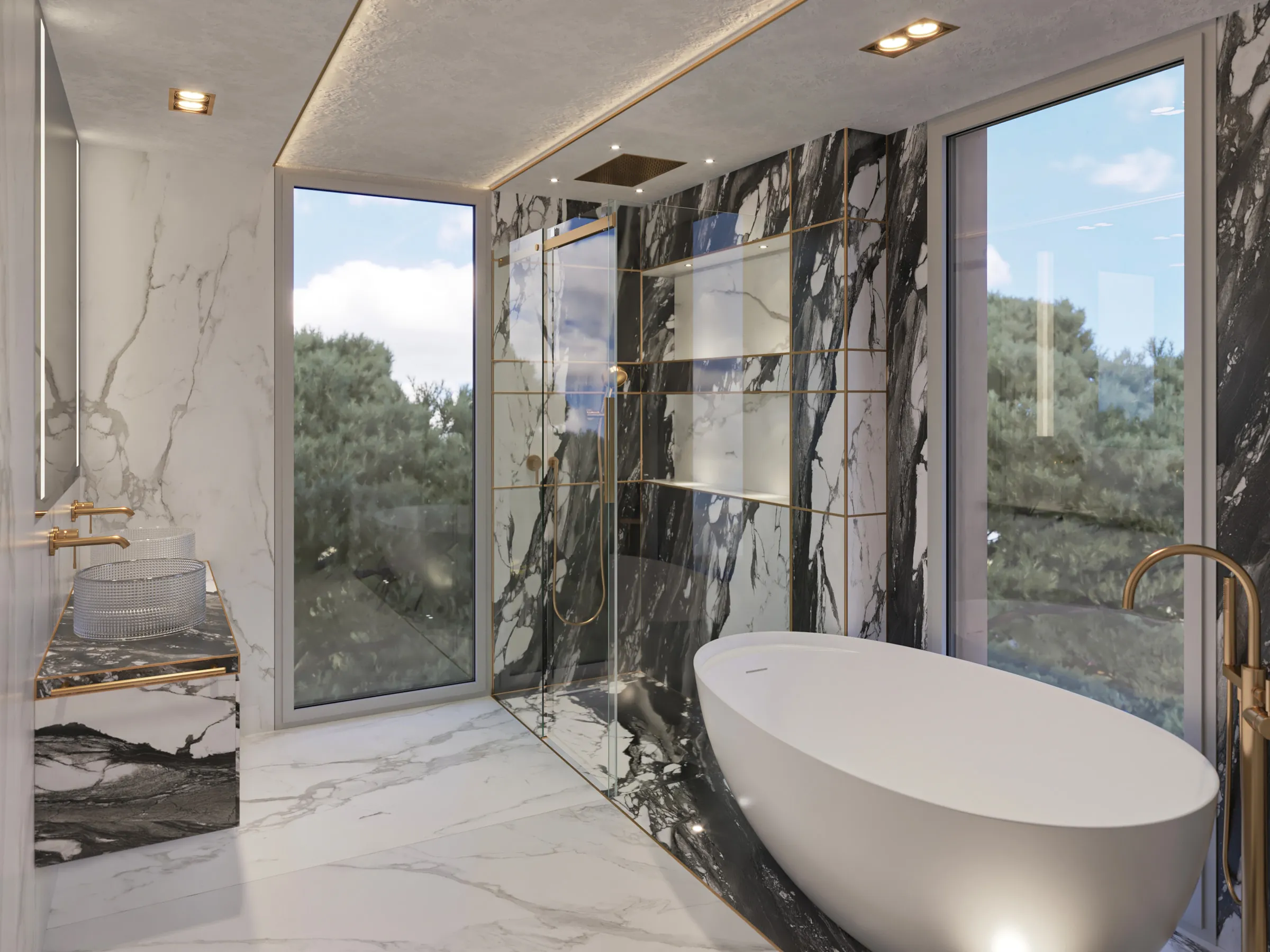 Baño principal con superficies de piedra y mamparas semitransparentes