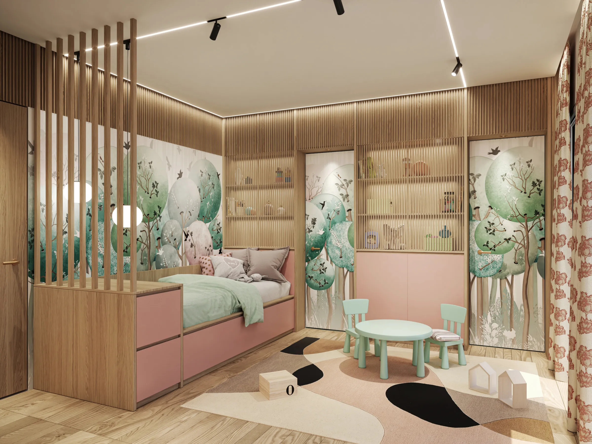 Dormitorio de la hija en tonos apagados con tejidos bordados y texturas cálidas