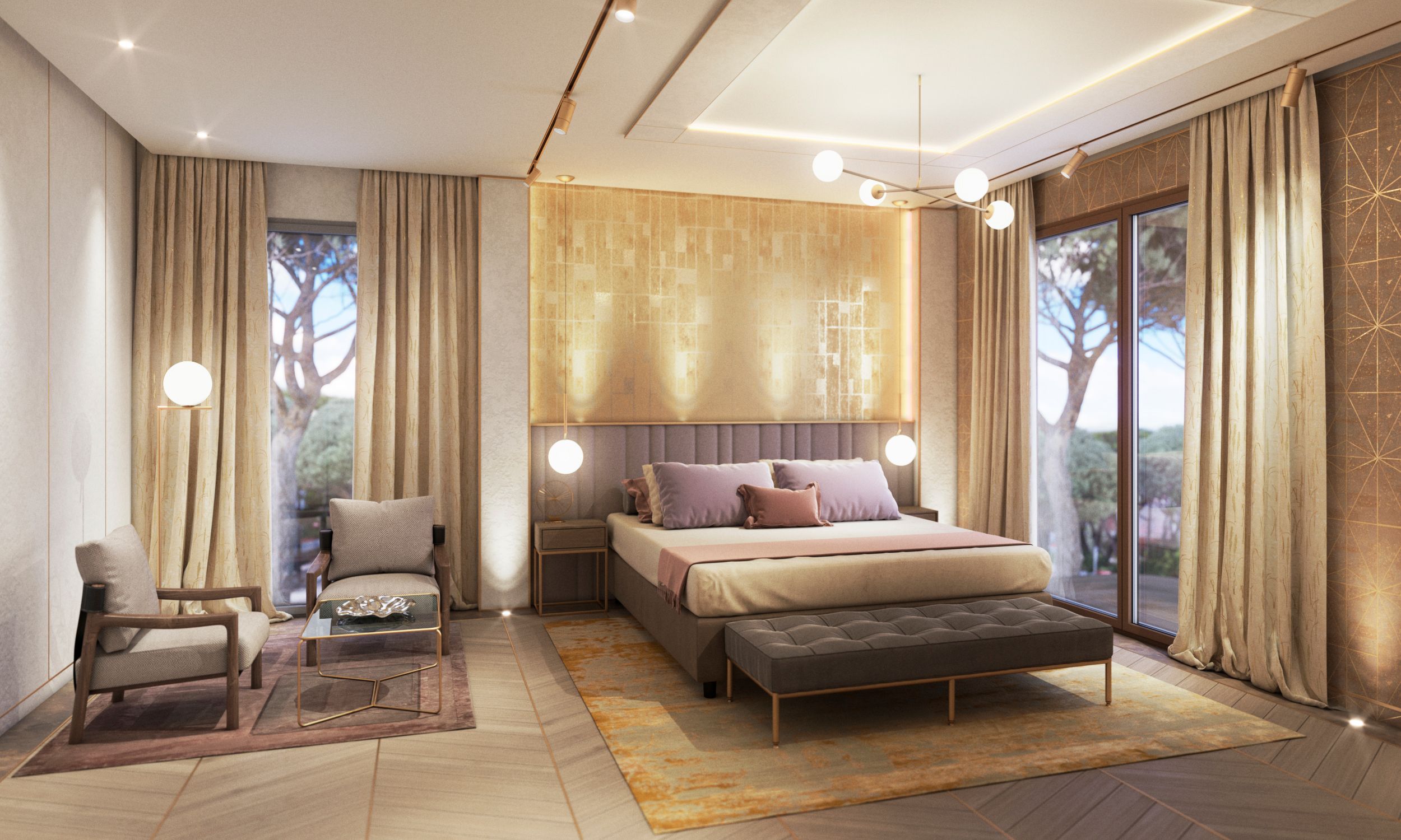Master suite in deep, muted tones with rich fabrics and carpets for a sense of seclusion