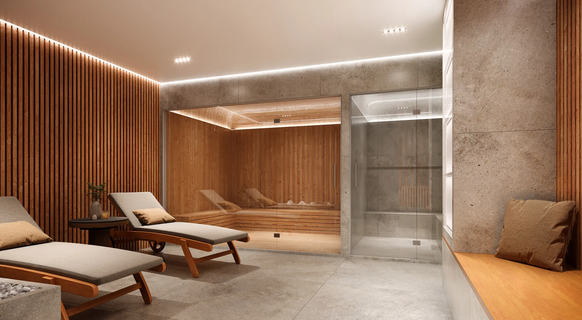 Spa doméstico con superficies de piedra e iluminación ambiental