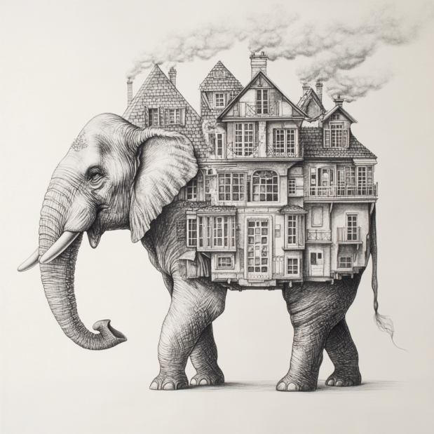 A surreal building in the shape of an animal, illustrating the concept of talking architecture
