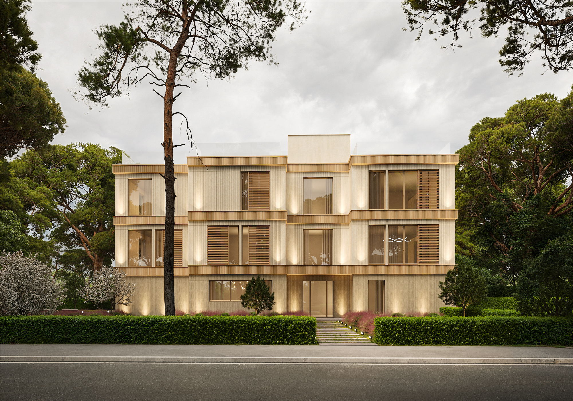 Exterior view of the villa showing shifting volumes and wooden slabs against pine trees