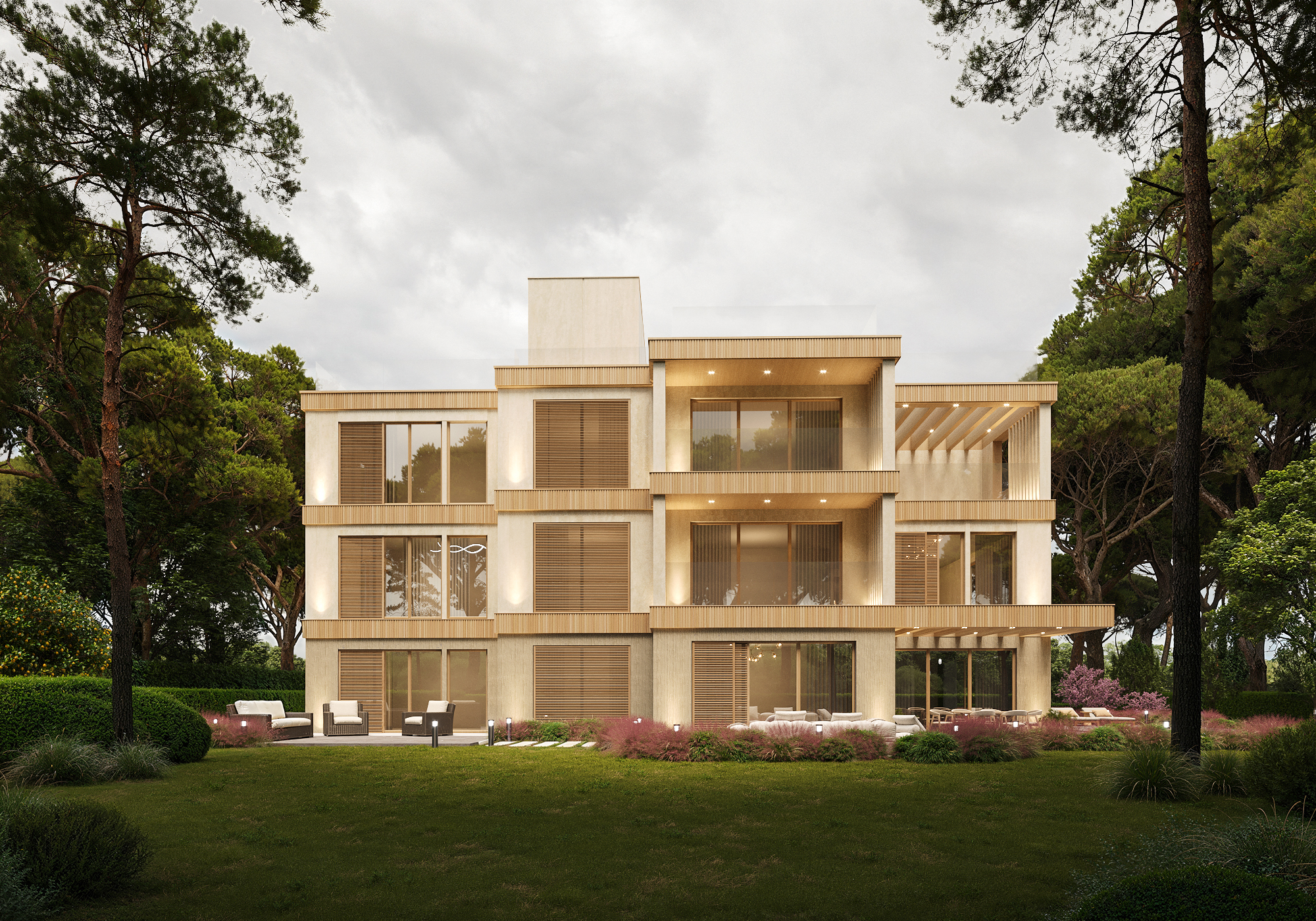 Light sandstone façade with horizontal wooden details