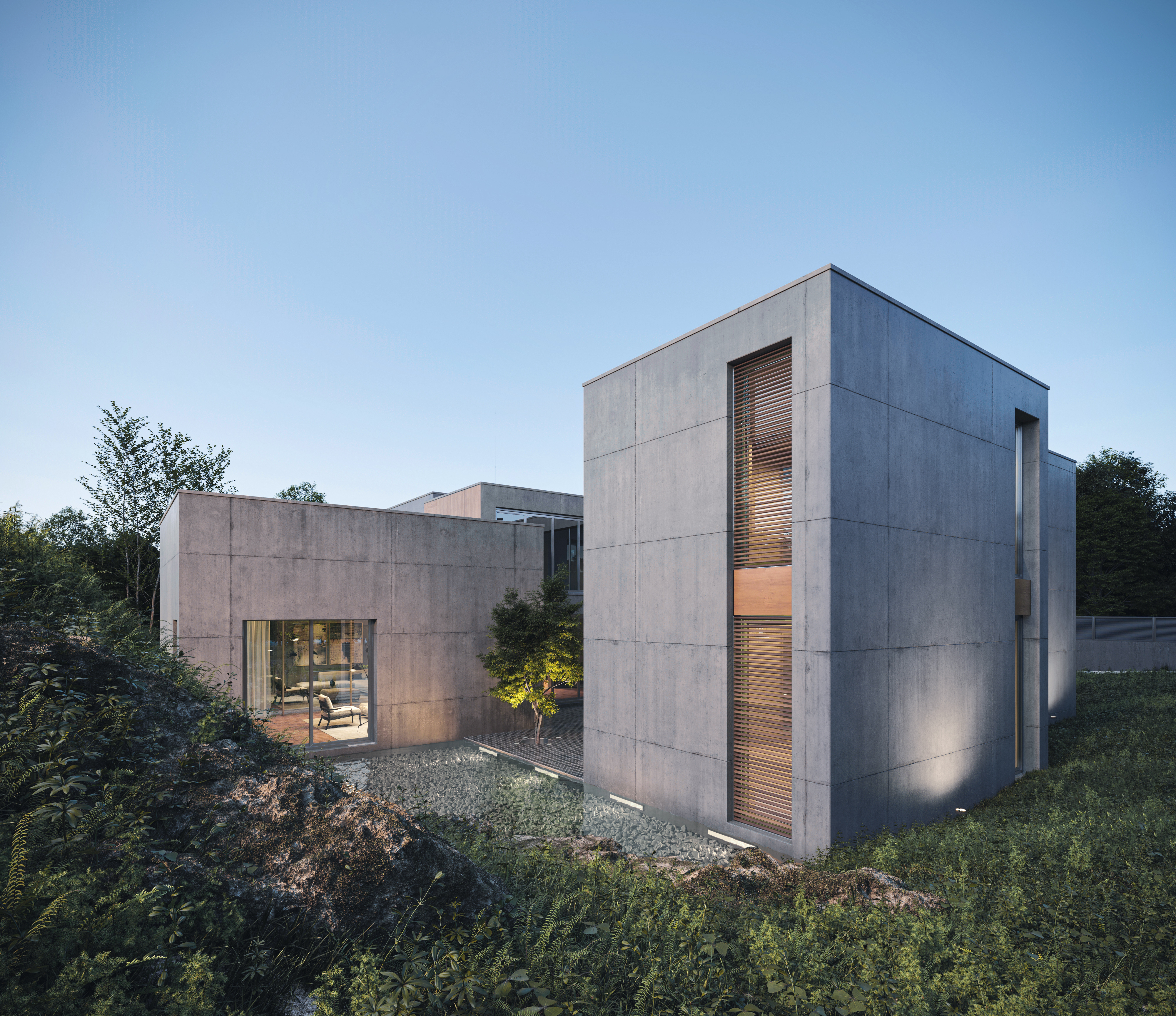 Monolithic concrete volumes seen from the exterior